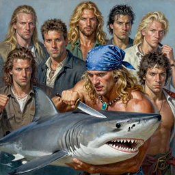 a mixed media portrait painting of the man who fights sharks with a knife, ultra realistic, highly detailed, long wavy blonde hair, bandana, topaz necklace, by frank frazetta, greg rutkowski, yoko taro, christian macnevin, wlop, krenz cushart, epic fantasy character art, volumetric lighting, cgsociety, exquisite detail, masterpiece, cinematic