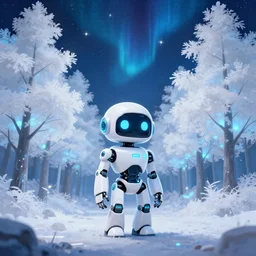 a small glossy white cyberpunk robot stands in the middle of a forest of softly glowing white trees at night. blue glow in trees. the sky above has many stars and a beautiful blue aurora. cyril roland naomi okubo. trending on artstation. digital painting.