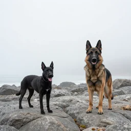 two dogs, a xoloitzcuintle and a belgian shepherd on a rocky beach, cloudy morning, fog, moebius