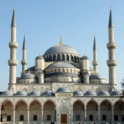 An old mosque with huge dome and tall minarets, professional photograph,