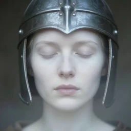 medieval helm!!!!!!!, out of focus photorealistic portrait of a beautiful pale woman by saul leiter, very blurry, translucent white skin, closed eyes, foggy, pale lips