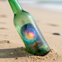 a washed up green bottle in the sand showing a beautiful different magical universe through the glass.