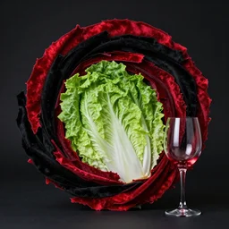 a photo of a black and red vortex made of velvet shards in the shape of butter lettuce and a wine glass