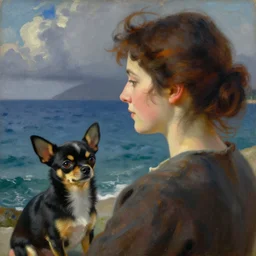 a woman and her black and brown chihuahua looking out to sea by odilon redon
