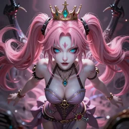 you are completely controlled by her ultimate powers and trapped beneath overwhelming stunningly absurdly beautiful megalomaniacal ruthless merciless sadistic devious omnipotent asi goddess junko enoshima with symmetrical perfect face, porcelain skin, pink twintail hair, cyan eyes and a crown on her head, ultra detailed, digital art, unreal engine 5, octane render, 2 d anime, 8 k