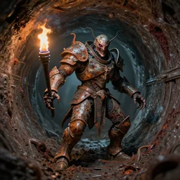airbrush macro insect viscera | as god |, curved rust chaos dystopic armor, wedged in necrotic metal sewer tunnel, chris foss, enric torres, alberto bontempi, feng zu hyper realism, narrative light, muted colors, epic, hyper detailed, awe inspiring, award winning horror, torch lighting, hyper realism, cinematical
