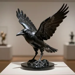 a black marble highly detailed and realistic statue of a flying crow, museum lighting, award winning, masterpiece
