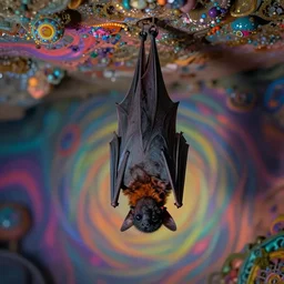a melancholic bat!!! hanging upside down from the ceiling, sad, psychedelic, beautiful composition, beautiful colors, artstation