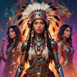 beautiful cherokee warrior sage, highly detailed portrait concept art, josan gonzalez, greg rutkowski, h. r. giger, hannah yata, psychedelic, threyda, majestic masterpiece, vibrant backlit, movie poster character, intricate, biomechanical, smooth, trending on pixiv