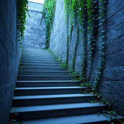 a set of stairs with vines growing up them, walls of stone bricks, volumetric bluish light, a raytraced image by Tadao Ando, flickr contest winner, environmental art, streetscape, vray, national geographic photo