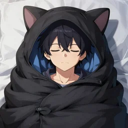 anime cat boy inside a black sleeping bag, psychedelic, highly detailed upper body, professionally post - processed, beautiful, epic, anime masterpiece, ilya