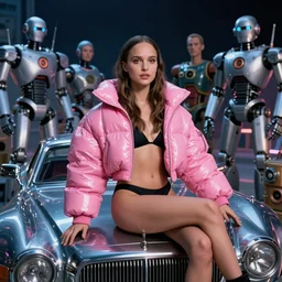 beautiful fantasy character portrait, natalie portman, wearing oversized plastic puffy pink bomber jacket and black bikini, seductive seated pose, futuristic chrome vehicle, night, ultra realistic, wide angle, dramatic lighting, robots, retro technology artifacts, highly detailed by dariusz zawadzki, paolo eleuteri serpieri, boris vallejo, aaron horkey,