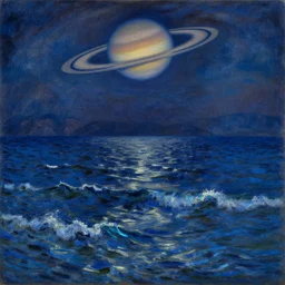 Oil painting in the style of Monet of the ocean at night, with waves that glow blue. Distant mountains on the horizon. The planet Saturn is in the sky overhead.