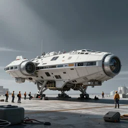 mining crew in front of a spaceship
