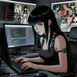 dark cyberpunk woman coding, a lot of cables around by ayami kojima, by francis bacon, by amano, by karol bak, greg hildebrandt, by mark brooks, by alex grey, by zdzisław beksinski, by takato yamamoto, vintage style, high resolution, ultra detailed, close - up wide portrait