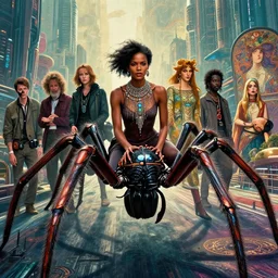 realistic detailed portrait movie shot of a beautiful black woman riding a giant spider, dystopian city landscape background by denis villeneuve, amano, yves tanguy, alphonse mucha, max ernst, kehinde wiley, jean delville, david lynch, roger dean, cyber necklace, rich moody colours, sci fi patterns, dramatic, wide angle
