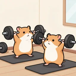 a drawing of two hamsters doing barbell squats at the gym, artstation