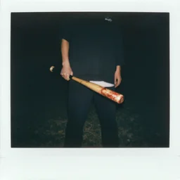 a polaroid photograph of a person standing in the middle of the picture holding a bloodied baseball bat, eerie, dark