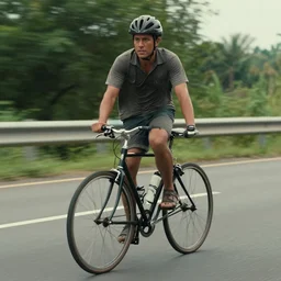 movie still of cyclo riding on highway, high details, concept art, photorealistic, 3 5 mm photography