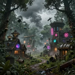 a steampunk village in a forest in a hurricane, trees, greenery, low visibility, junk flying everywhere, neon lights, neon signs, magical atmosphere, mist, steam, photo realistic, wideangle, matte painting, octane render, 8 k, corona render, movie concept art by guido borelli da caluso octane render, trending on artstation - w 1 5 3 6