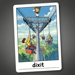 dixit card, by shaun tan, by nohisa inoue, characters, vertigo, action photography, sky gondola, grapplehook, dreamy, amazing composition, colorful, vanishing point, optical illusion, inverted, grounded, horizon, illustration, gloomy, vignette