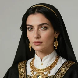 realistic detailed portrait of a female cleric, Romani descent, black hair, one golden eyeball, golden jewellery, soft features, elegant