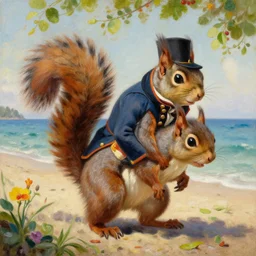 a giant squirrel carrying napoleon bonaparte its back, beach scene with flowers and foliage, detailed oil painting