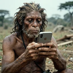 “Prehistoric cavemen using an iPhone, grainy photograph”