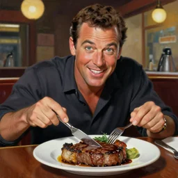 beautiful lifelike painting of gene kelly demanding a refund on undercooked overpriced dinosaur steak in downtown dive bar bistro, hyperreal detailed facial features and uv lighting, art by osamu sato