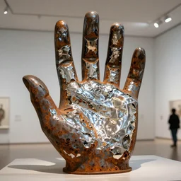rusty metal hand shaped generative design structure in a museum, modern art installation, bioceramic reflelctive material