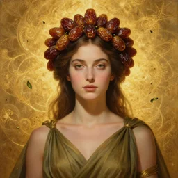 epic painting of beautiful goddess body in olive dress with brown hair, golden glowing high quality luxurious background, close up portrait, crown made of sweet dried dates fruits,, photography by amy leibowitz, medjool dates wlop, jeremy lipkin, beeple, intricate golden fractals, tea leaves flying in the sky, symmetrical front portrait, artgerm