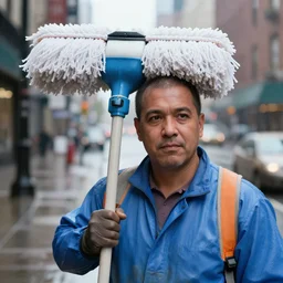 closeup portrait of a cleaner with a giant mop in a rainy new york street, by Steve McCurry and David Lazar, natural light, detailed face, CANON Eos C300, ƒ1.8, 35mm, 8K, medium-format print