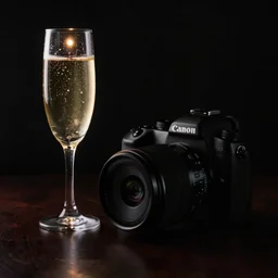 canon camera. complete darkness. backlit champagne glass. one small light source. chiaroscuro