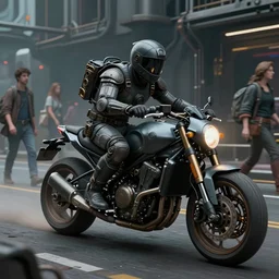 a matte painting of an action motorcycle scene from the future, pedestrians, cyber - steampunk, highly detailed, in the style of greg rutkowski and remedios varo and john chamberlain, dark moody lighting, hyper photorealism, trending on artstation, 8 k