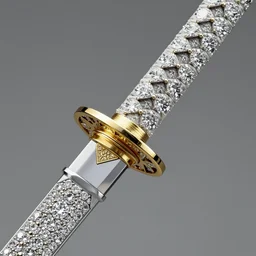 a hyper realistic katana that is made out of diamonds and gold and silver 4 k