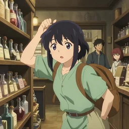 anime visual, portrait of a young female traveler in a alchemist's potion shop interior shopping, cute face by ilya kuvshinov, yoshinari yoh, makoto shinkai, katsura masakazu, moody, dynamic perspective pose, d, detailed facial features, cel shade