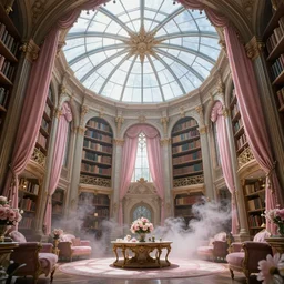library in the style of baroque, star roof, glass windows and pink curtains, flowers, smoke, dreamy, hogwarts style, fairy tale, highly detailed, bright light, artstation, mysterious, comfort, in the style of aetherpunk