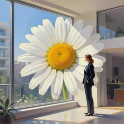 giant daisy flower head, woman in suit, standing next to modern window in luxury apartment, surreal photography, sunlight, impressionist painting, digital painting, artstation, simon stalenhag