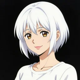 portrait of a smiling woman with short white hair, medium shot, illustration, highly detailed, high quality, by kentaro miura