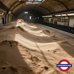 a london underground tube station filled with sand, sand dunes, abandoned