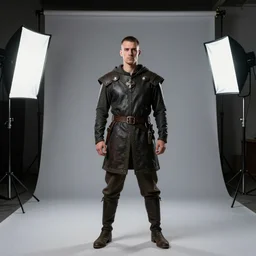 a photo of a male model with medieval haircut, 4 k, studio lighting, wide angle lens