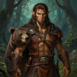 Full body Portrait of grown male Elf Beast Master, with dark brown messy hair, taned skin, green eyes, leather hunting attire, with a companion bear, visible face, magical forest in the background, D&D, DND, extremely detailed, detailed face, modest, high fantasy, matte painting, by artgerm and Craig Mullins, James Jean and Clyde Caldwell, trending on artstation artstationHD, artstationHQ, cgsociety, HD 16K, octane