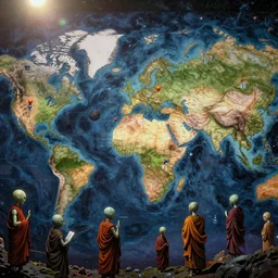 an epic fantastic realism comic book style painting of a map of the universe, as drawn by a race of alien monks over a thousand centuries, 8 k, ultra realistic, lens flare, atmosphere, glow, detailed, intricate, full of colour, cinematic lighting, trending on artstation, 4 k, hyperrealistic, focused, extreme details, unreal engine 5, cinematic, masterpiece