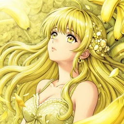 the portrait of an absurdly beautiful, graceful, elegant young anime woman made of bananas and petals looking up, an ultrafine detailed illustration by kim jung gi, irakli nadar, intricate linework, bright colors, octopath traveler, final fantasy, angular, unreal engine 5 highly rendered, global illumination, radiant light, detailed and intricate environment