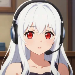 anime visual of a cute girl, with red eyes!!!! and long white hair!!!! wearing a headset in her room interior, high quality detailed anime face, cel shaded, digital art by last exile murata range blue submarine no 6, hd, ambient light