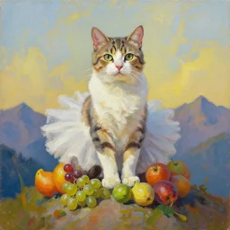 palette knife oil painting of a cat wearing a gloves and a tutu, sitting on a mountain of fruit