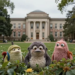 strange funny creatures peek out of the bushes in the foreground, in the background is an old university building, ultra realistic with maximum details