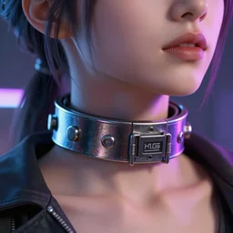 detailed realistic female character cyberpunk wearing thick steel collar around neck, realistic, art, beautiful, 4K, collar, choker, collar around neck, punk, artstation, detailed, female, woman, choker, cyberpunk, neon, punk, collar, choker, collar around neck, ((thick collar)), tight around neck, punk,