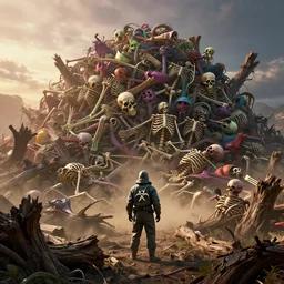 man in a biohazard suit discovers a huge pile of mutated skeletons, unreal engine, octane render, driftwood, sunlight, dusk, gigantic, 3 d, brilliantly coloured, intricate, ultra wide angle, physically based rendering, trending on artstation, dust, volumetric lighting, hdr, polished, micro details, ray tracing, 8 k, by rhads by greg tocchini, by james gilleard, by joe fenton
