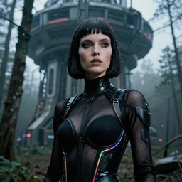cinestill 5 0 d candid photographic portrait by helen levitt of a feminine android wearing sexy classy black mesh techwear with rgb trim on a dystopian structure above a forest, medium closeup, modern cyberpunk moody suspense emotional horror cinematic, lens flare snow storm, 8 k, hd, high resolution, 3 5 mm, f / 3 2, ultra realistic faces, ex machina